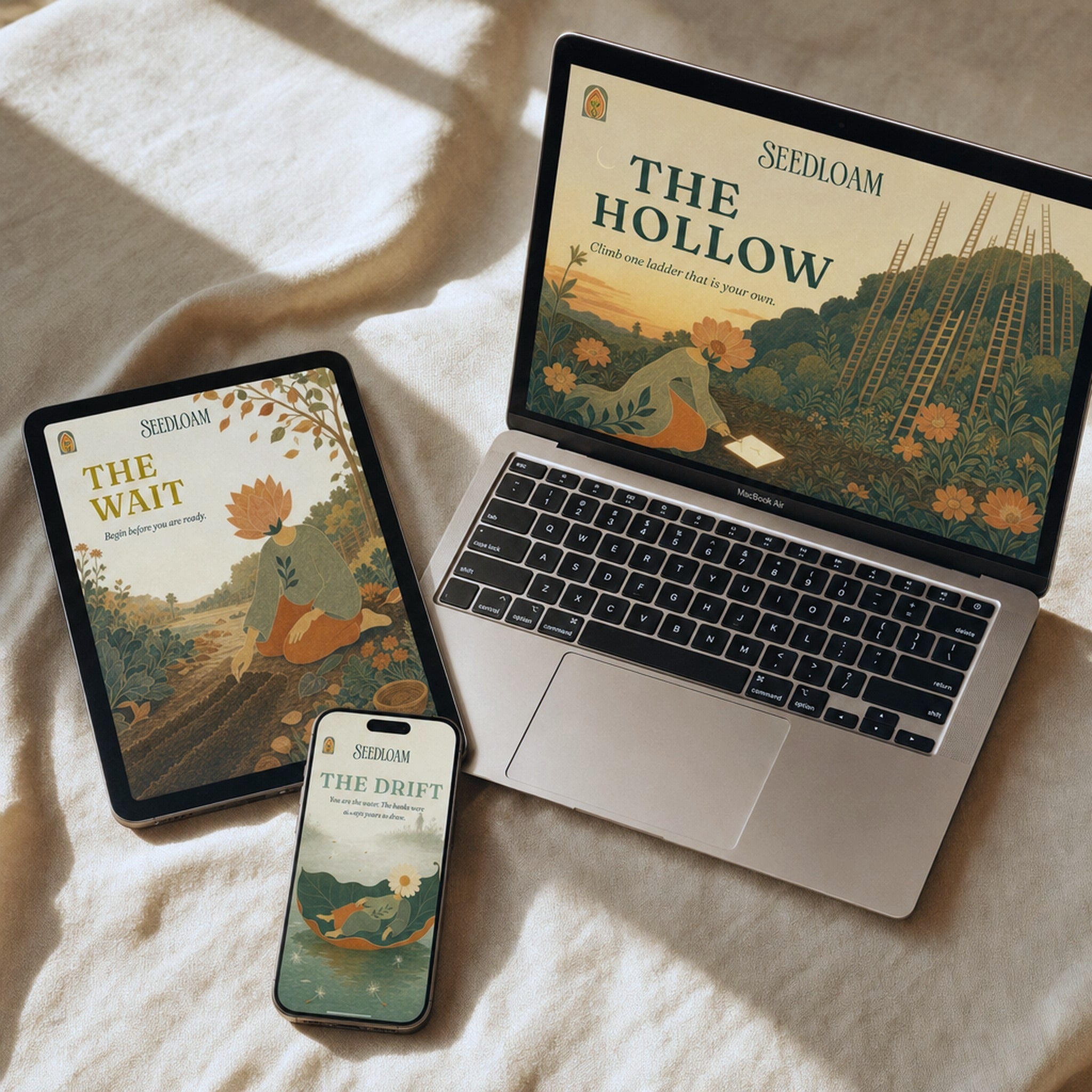 The library on iPhone, iPad and MacBook, each showing a different cover