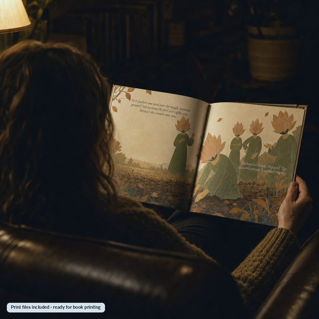 Reading the open pages of The Wait in an evening armchair