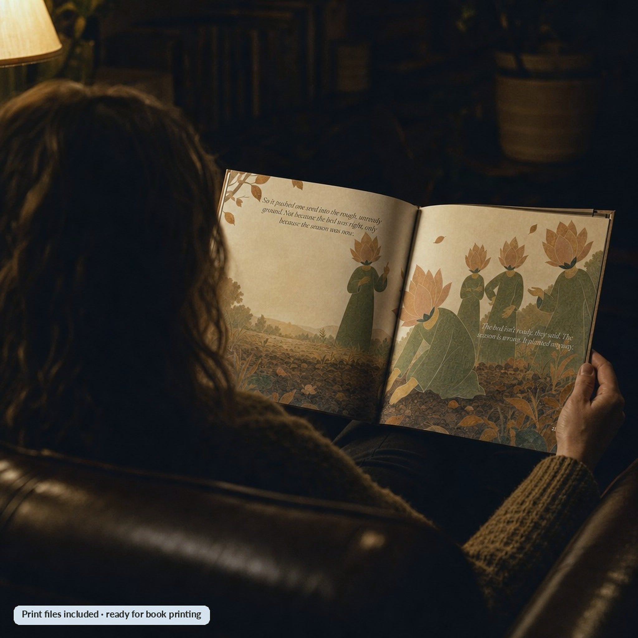 Reading the open pages of The Wait in an evening armchair
