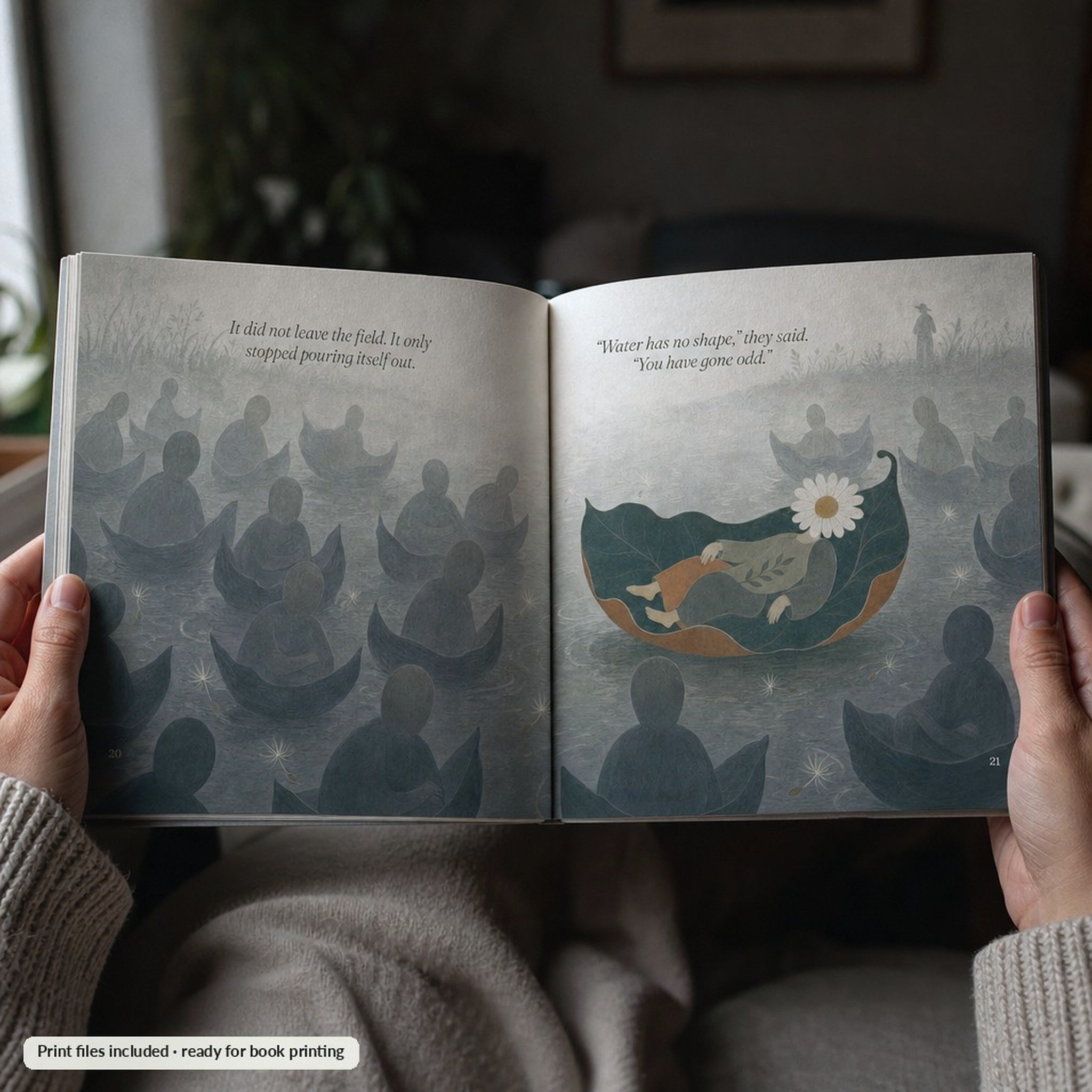 Reader's view of an open spread of The Drift held in both hands