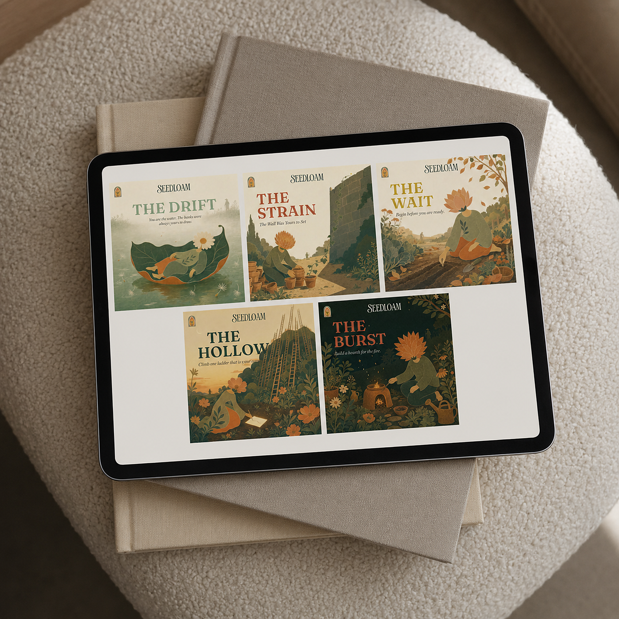 The five Loop Stories library on iPad on a reading chair