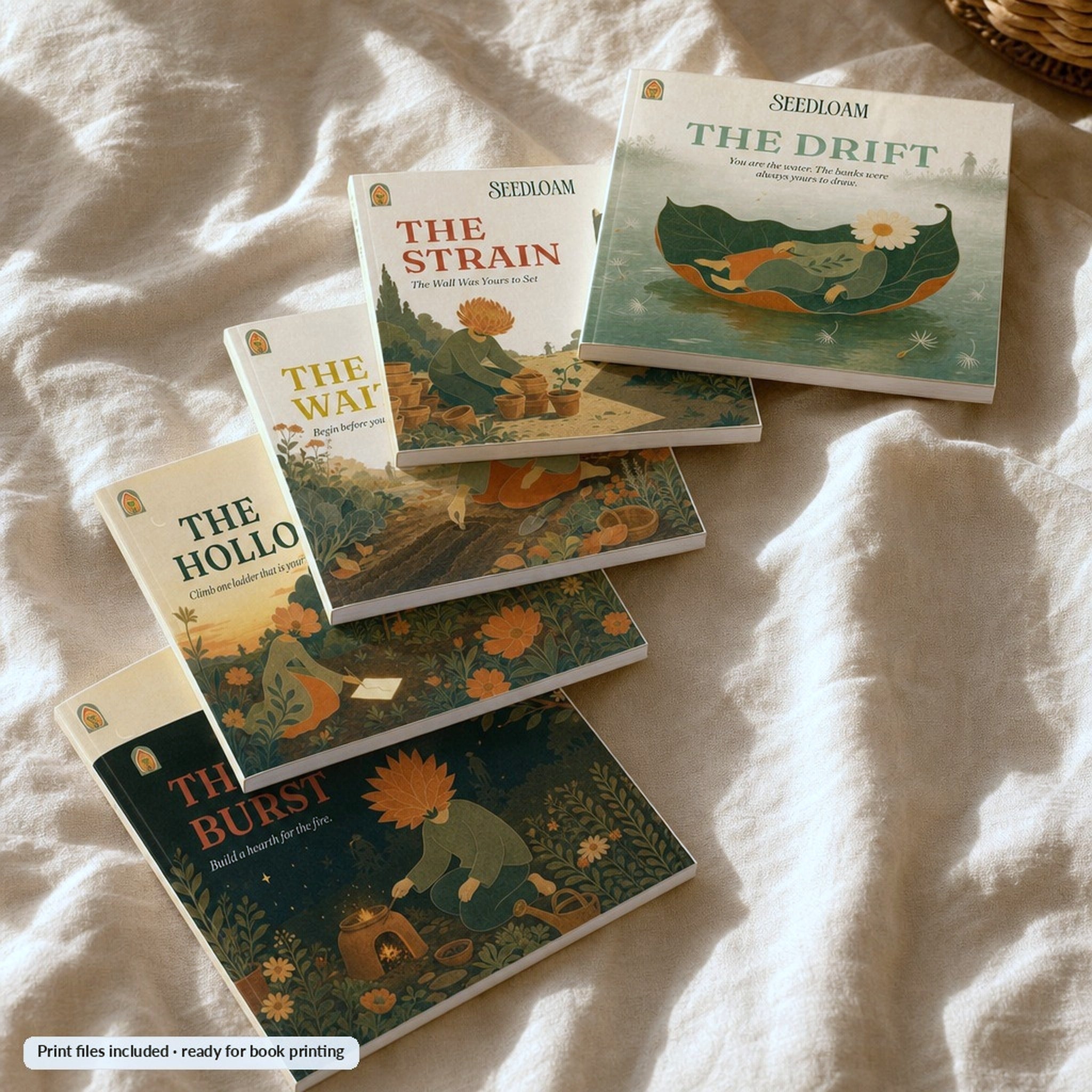 All five SEEDLOAM loop story books stacked on warm linen
