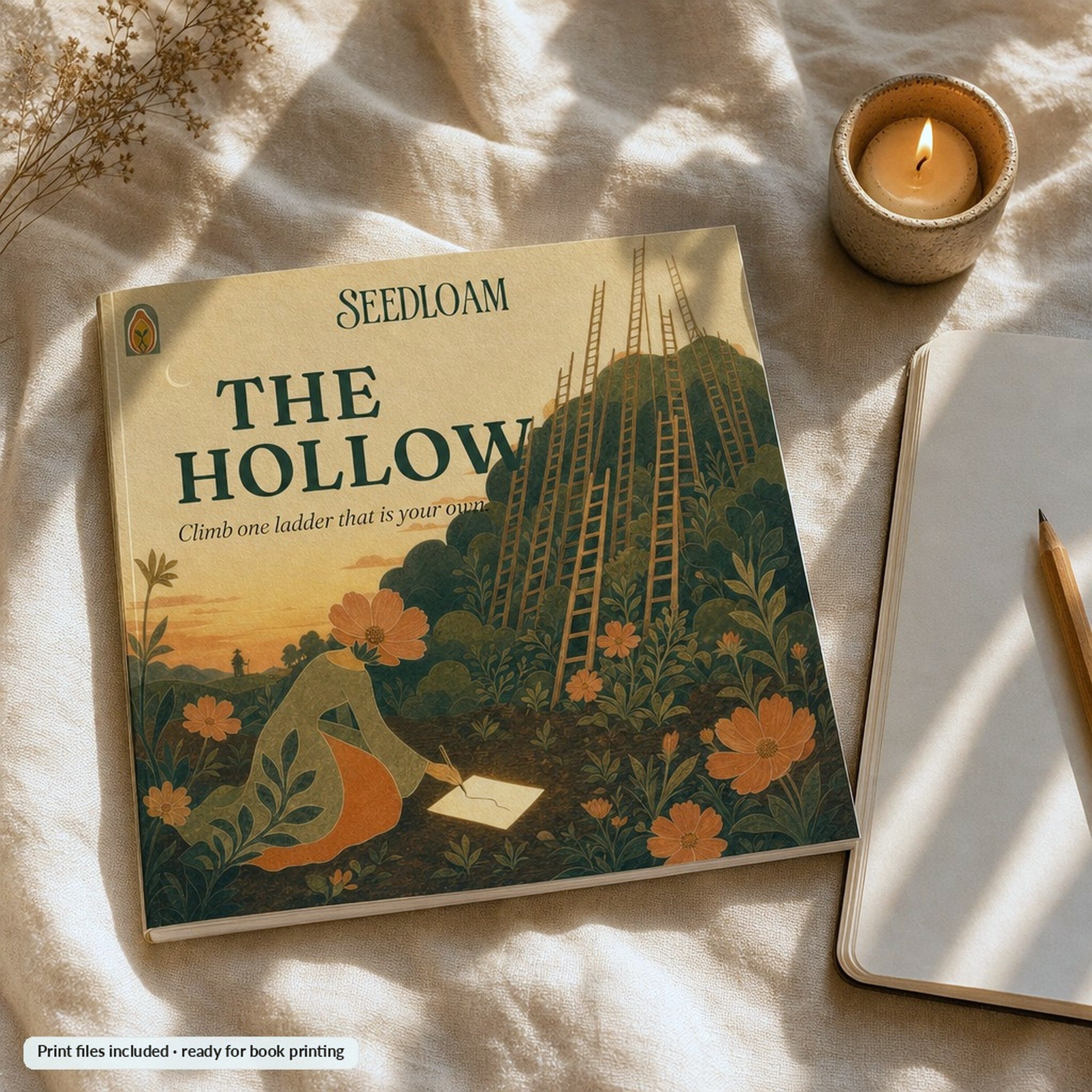 The Hollow printed book on cream linen with candle in amber dusk light, print files included