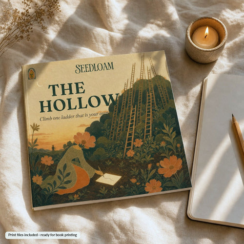 The Hollow printed book on cream linen with candle in amber dusk light, print files included