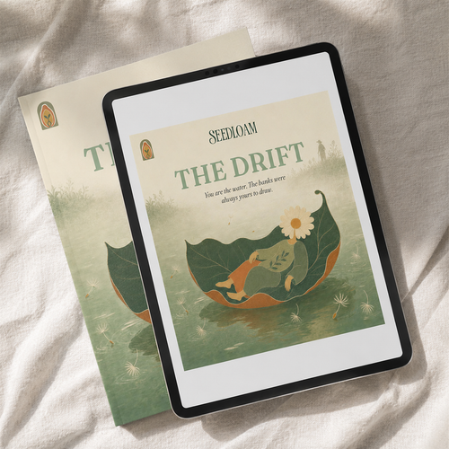 The Drift ebook on iPad resting on the printed book, digital and print files in one
