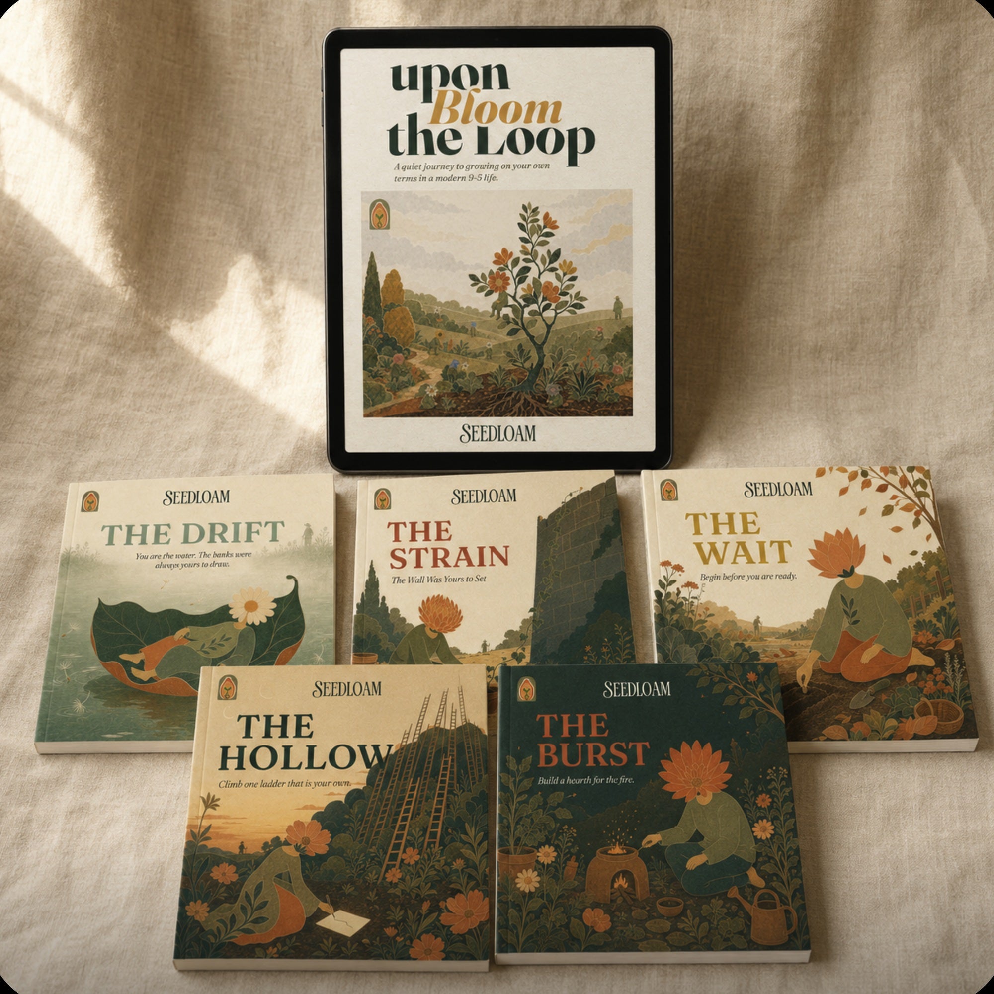 Bloom upon the Loop on an iPad with all five printed loop stories on warm linen